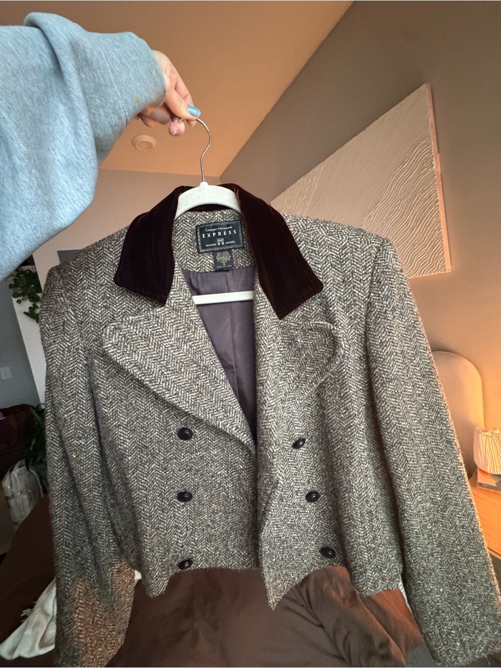 Express Vintage Wool Herringbone Tweed Cropped Coat/Blazer